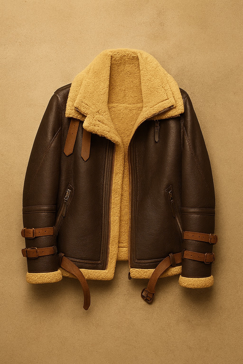 Sherling leather jacket. Aviator jacket men., Sheepskin bomber jacket. Brown leather flight jacket. Mesa & Hide outwear. Luxury winter jackets. Desert inspired fashion