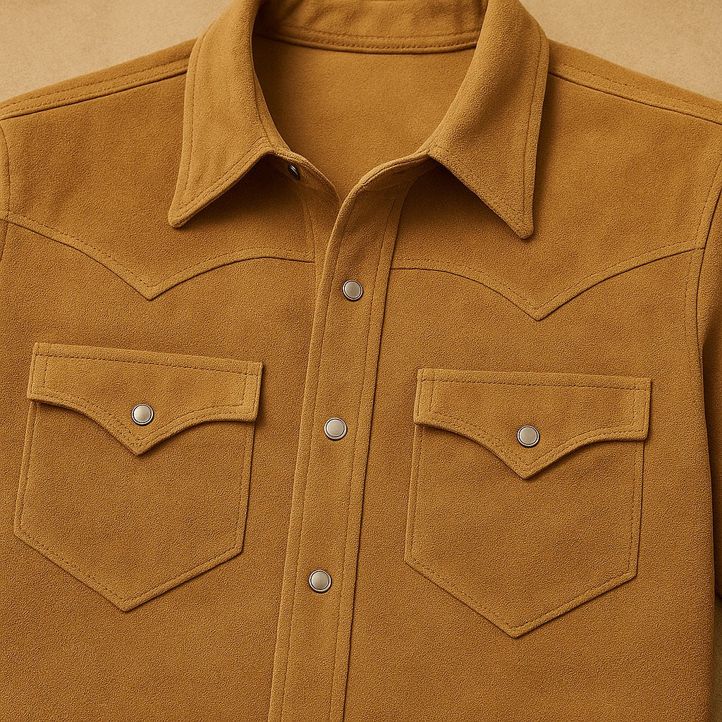 Suede western shirt. Genuine suede snap shirt. Tan suede cowboy shirt. Desert style menswear. Mes & Hide suede shirt. Artisan leather apparel. Handmade western fashion
