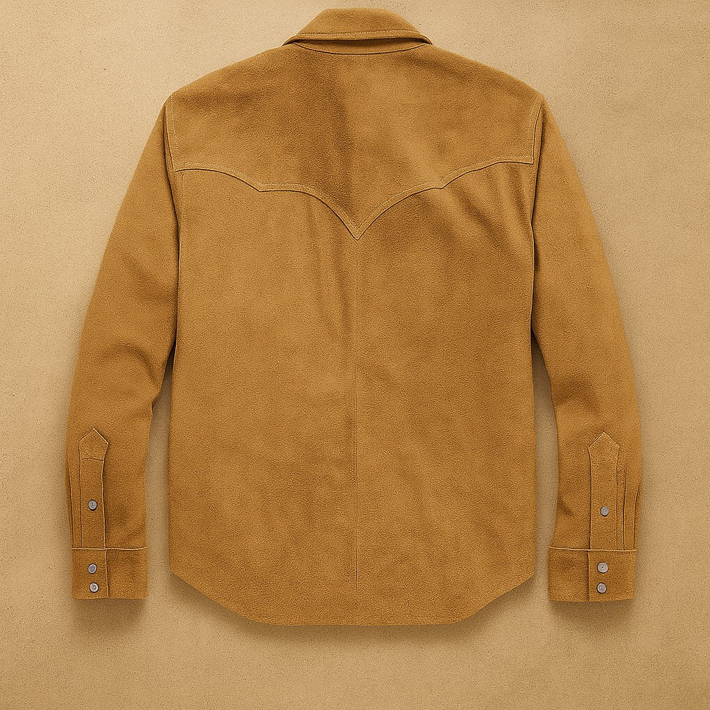 Suede western shirt. Genuine suede snap shirt. Tan suede cowboy shirt. Desert style menswear. Mes & Hide suede shirt. Artisan leather apparel. Handmade western fashion